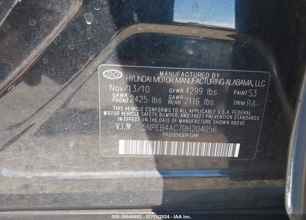 2011 HYUNDAI SONATA GLS VIN: 5NPEB4AC7BH204056