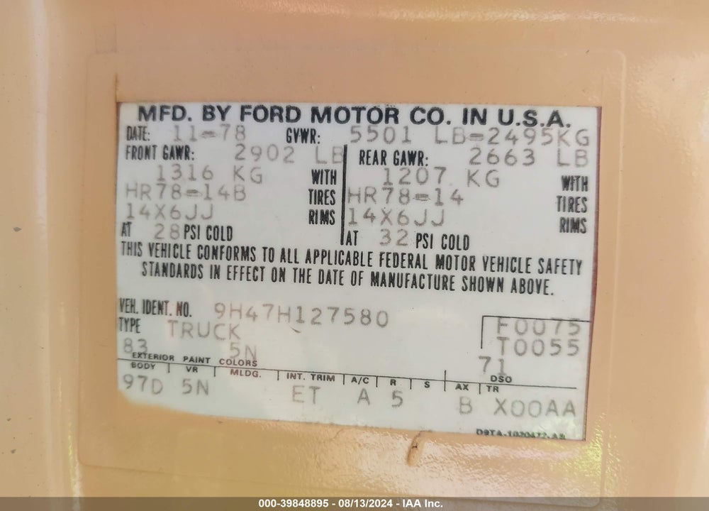1979 FORD RANCHERO VIN: 0000009H47H127580
