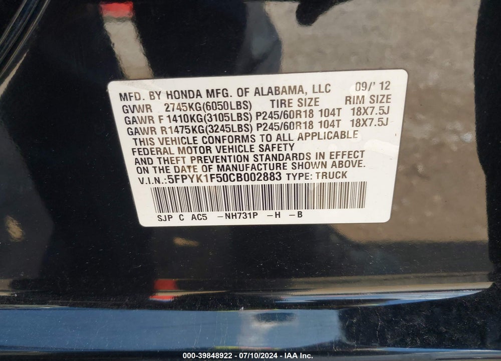 2012 HONDA RIDGELINE RTL VIN: 5FPYK1F50CB002883