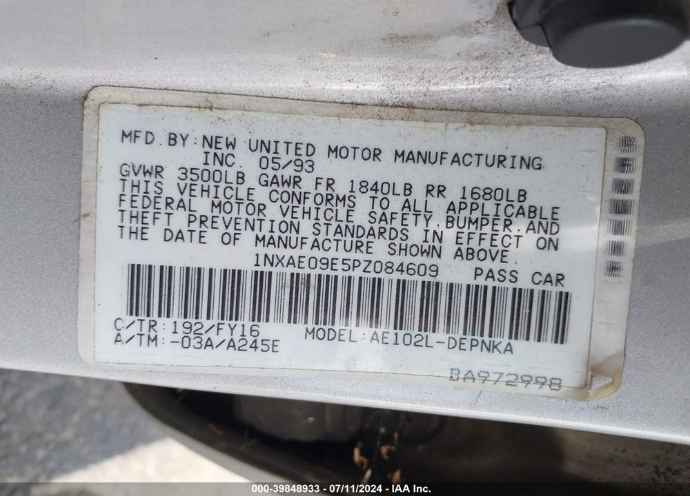 1993 TOYOTA COROLLA LE/DX VIN: 1NXAE09E5PZ084609