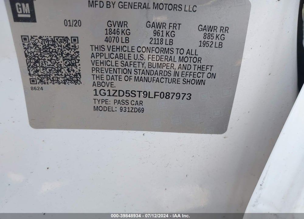 2020 CHEVROLET MALIBU FWD LT VIN: 1G1ZD5ST9LF087973
