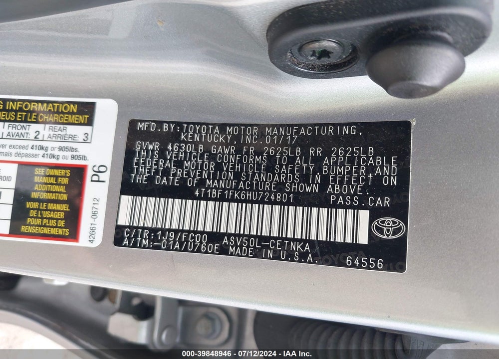 2017 TOYOTA CAMRY VIN: 4T1BF1FK6HU724801