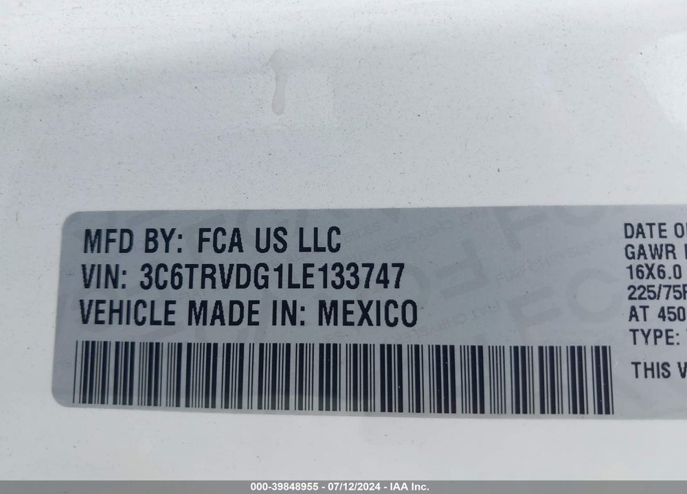 2020 RAM PROMASTER 2500 HIGH ROOF 159 WB VIN: 3C6TRVDG1LE133747