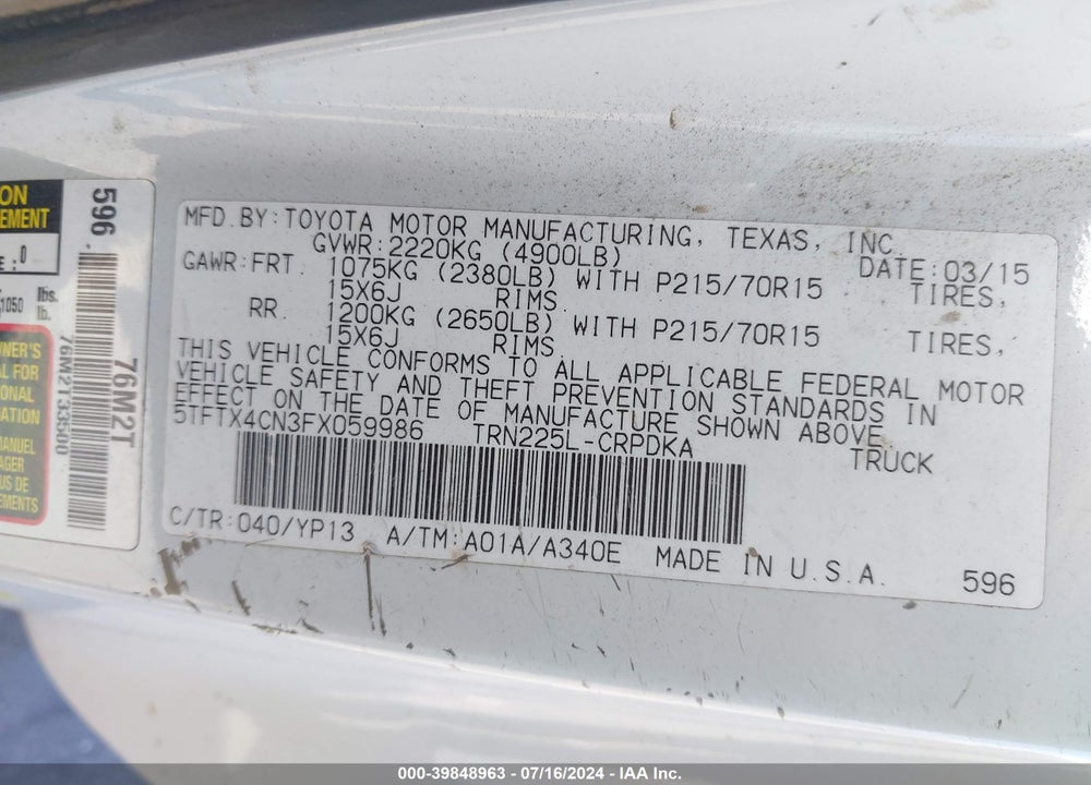 2015 TOYOTA TACOMA VIN: 5TFTX4CN3FX059986