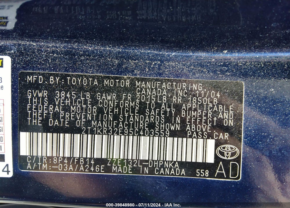 2005 TOYOTA MATRIX/XR VIN: 2T1KR32E95C403559