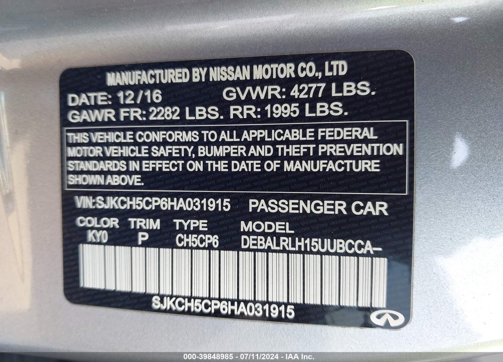 2017 INFINITI QX30 PREMIUM VIN: SJKCH5CP6HA031915