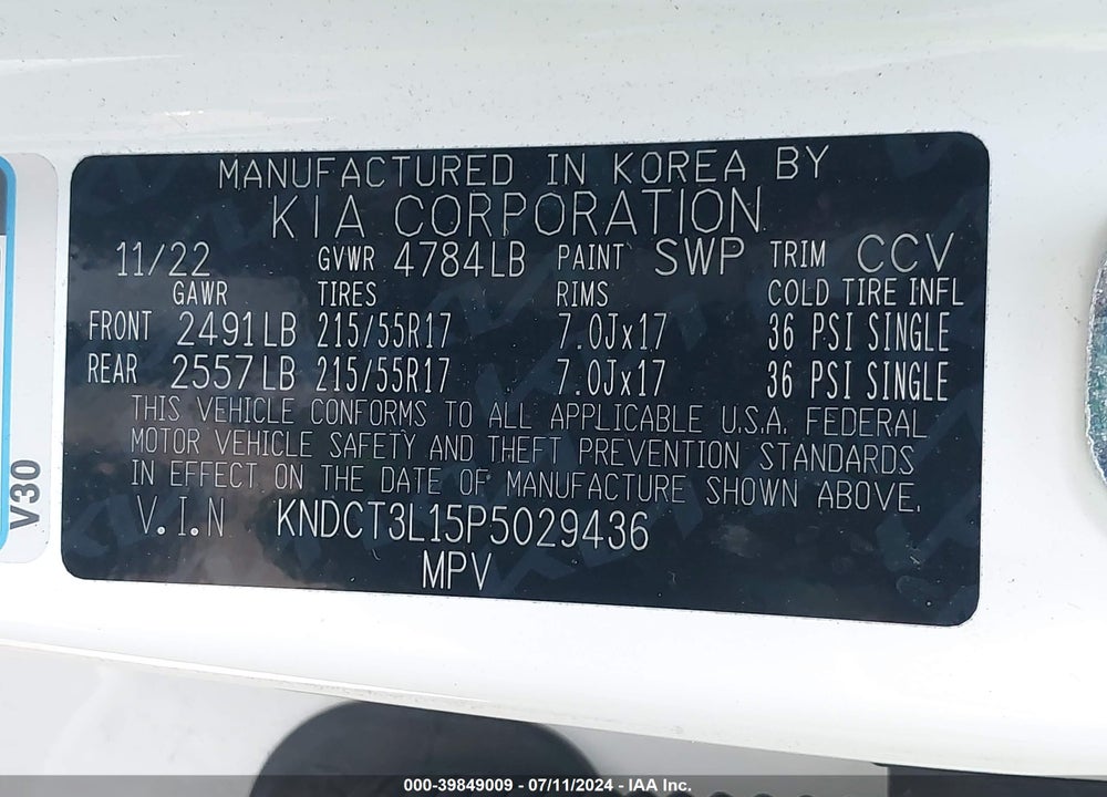 2023 KIA NIRO EV WAVE VIN: KNDCT3L15P5029436