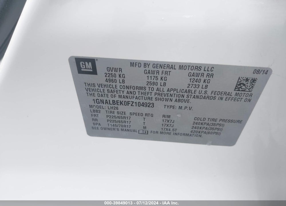 2015 CHEVROLET EQUINOX 1LT VIN: 1GNALBEK0FZ104923