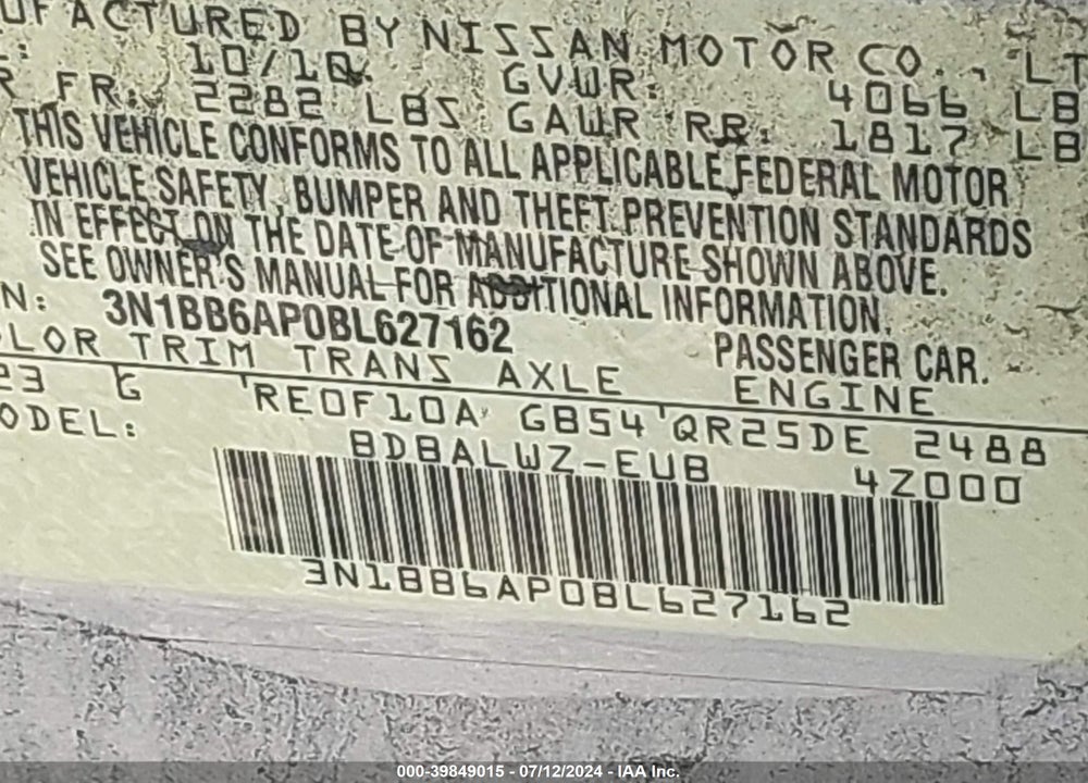 2011 NISSAN SENTRA VIN: 3N1BB6AP0BL627162