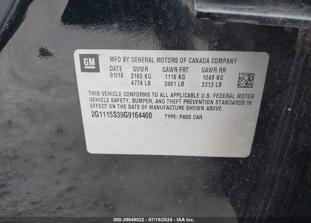 2016 CHEVROLET IMPALA 2LT VIN: 2G1115S39G9164460