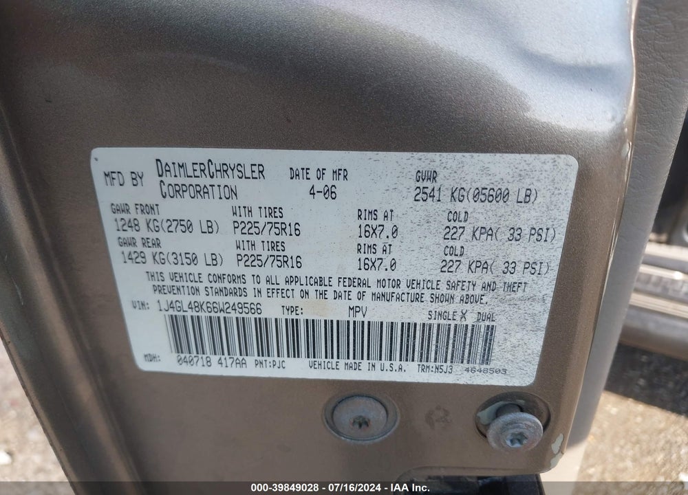 2006 JEEP LIBERTY SPORT VIN: 1J4GL48K66W249566