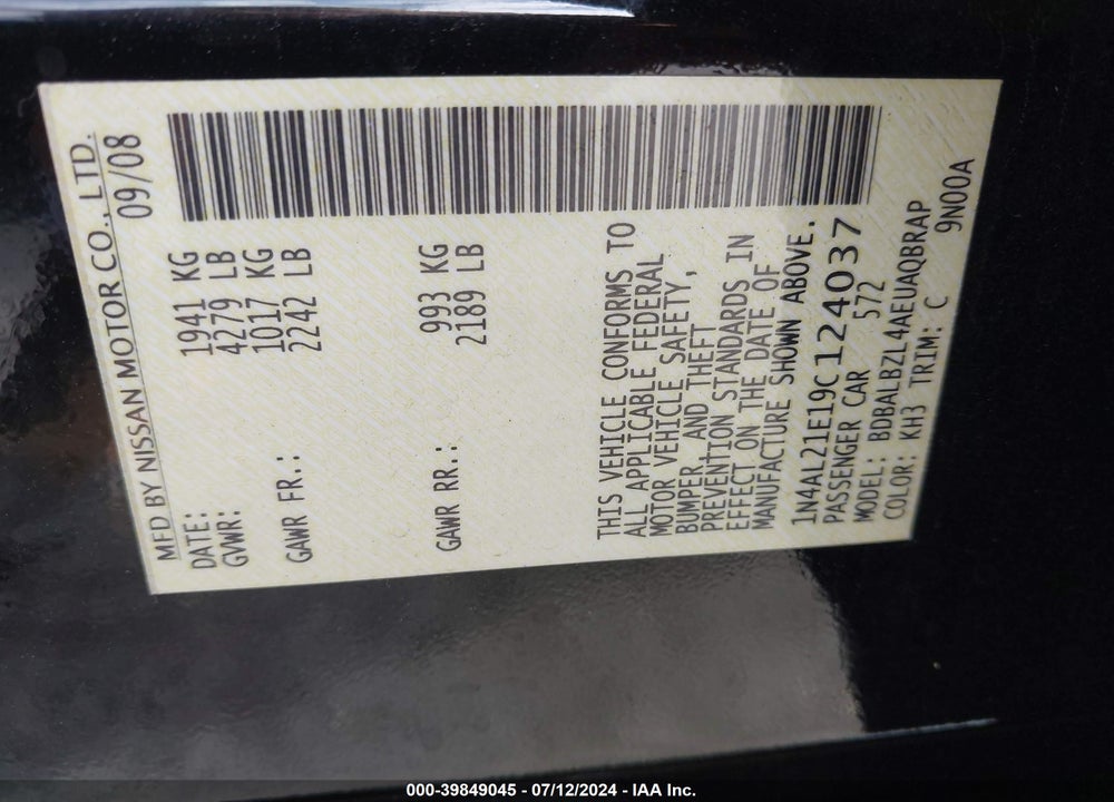 2009 NISSAN ALTIMA VIN: 1N4AL21E19C124037