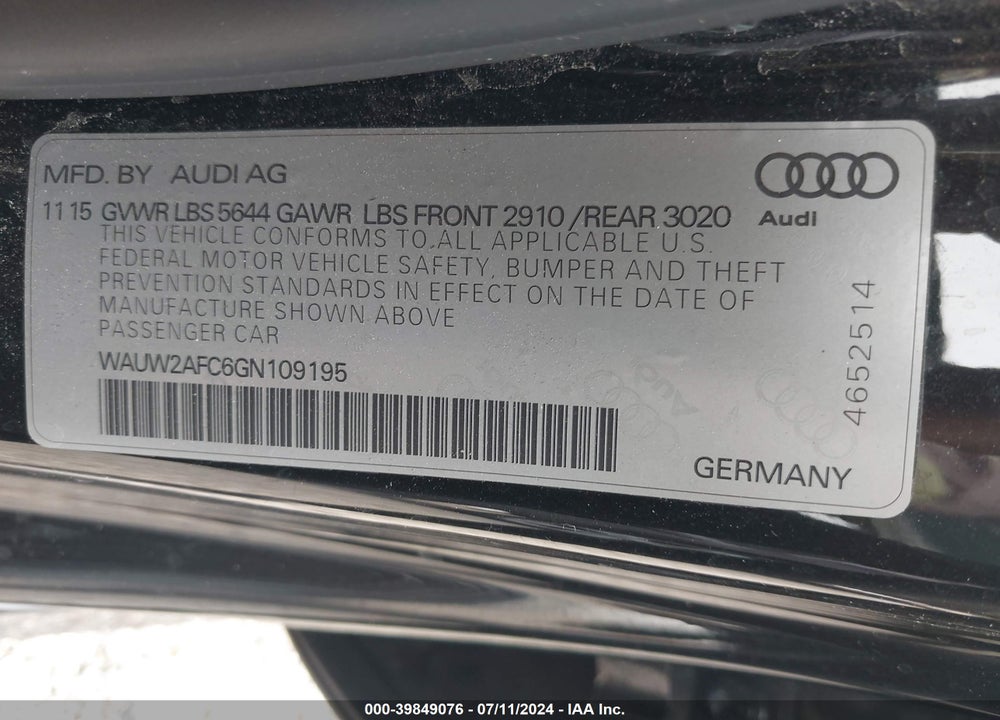 2016 AUDI S7 4.0T VIN: WAUW2AFC6GN109195