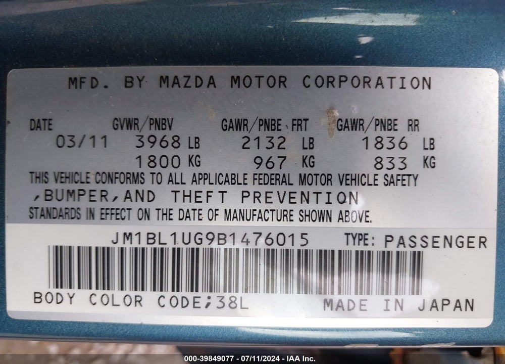 2011 MAZDA 3 I SPORT VIN: JM1BL1UG9B1476015