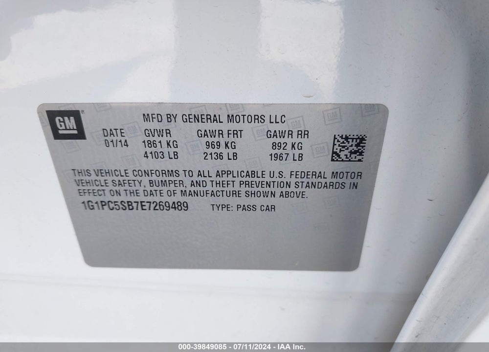2014 CHEVROLET CRUZE 1LT AUTO VIN: 1G1PC5SB7E7269489