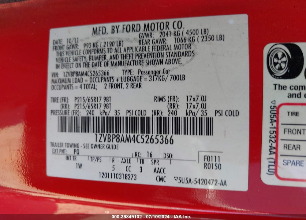 2012 FORD MUSTANG V6 VIN: 1ZVBP8AM4C5265366