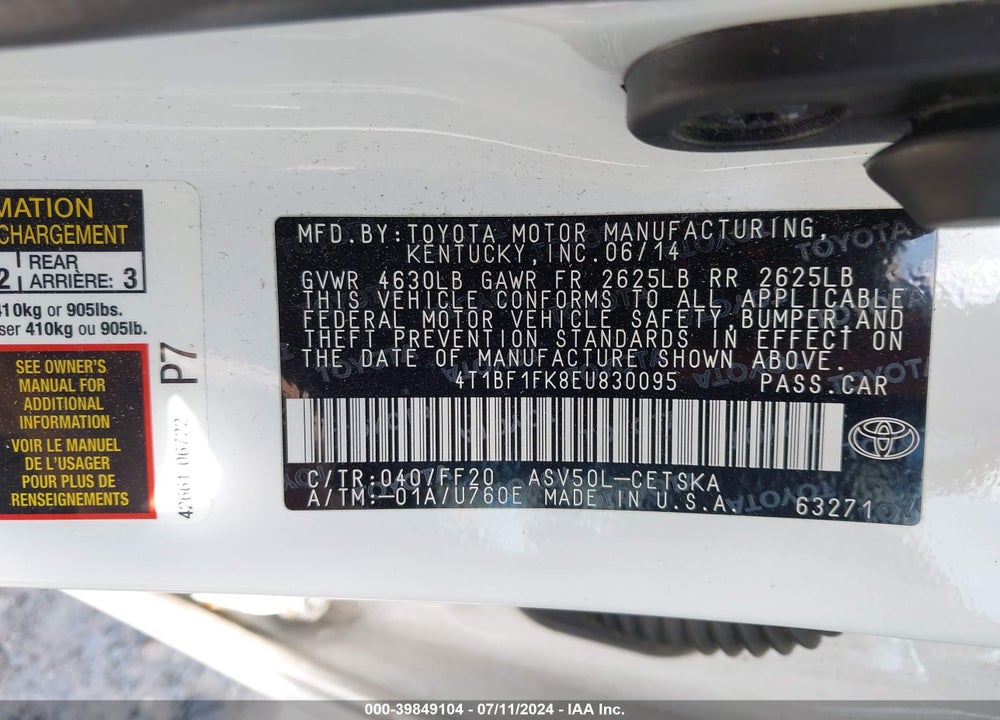 2014 TOYOTA CAMRY SE VIN: 4T1BF1FK8EU830095