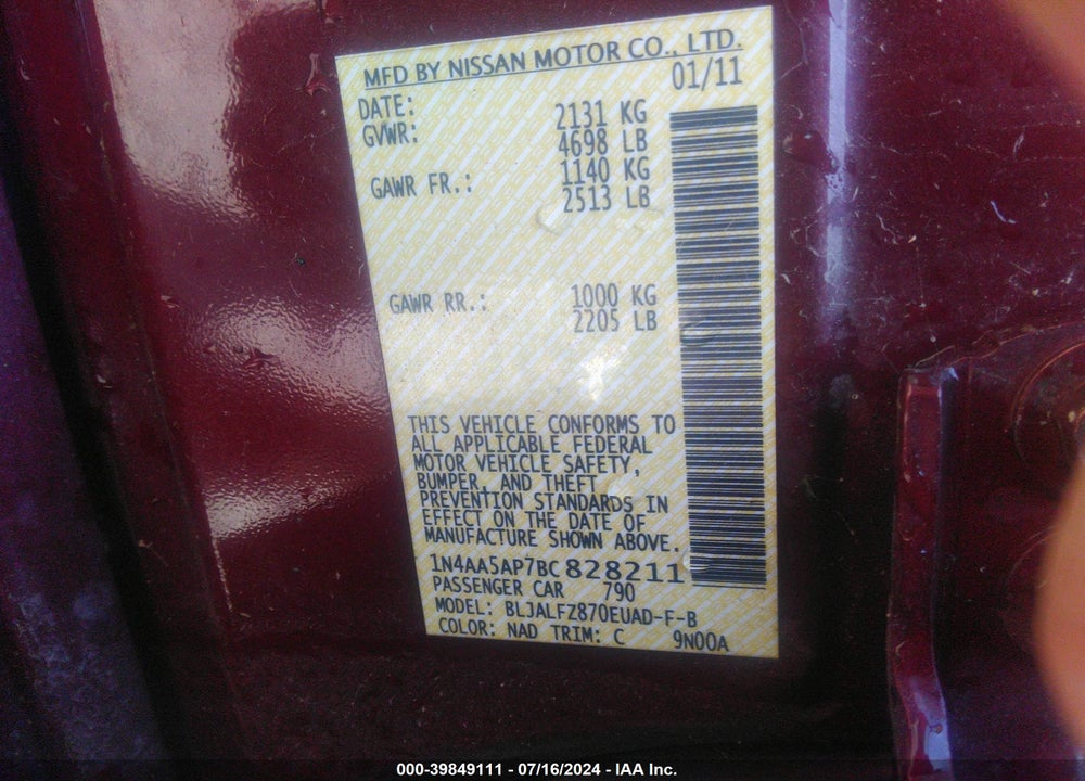 2011 NISSAN MAXIMA 3.5 SV VIN: 1N4AA5AP7BC828211