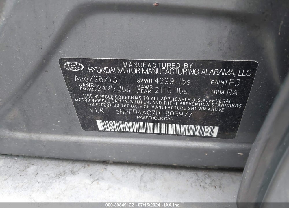 2013 HYUNDAI SONATA GLS VIN: 5NPEB4AC7DH803977