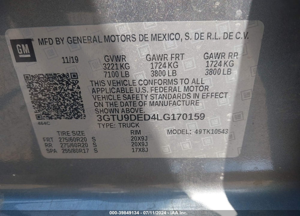 2020 GMC SIERRA 1500 4WD SHORT BOX SLT VIN: 3GTU9DED4LG170159