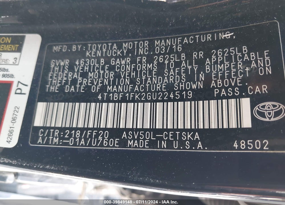 2016 TOYOTA CAMRY SE VIN: 4T1BF1FK2GU224519