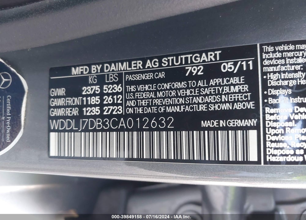 2012 MERCEDES-BENZ CLS 550 VIN: WDDLJ7DB3CA012632