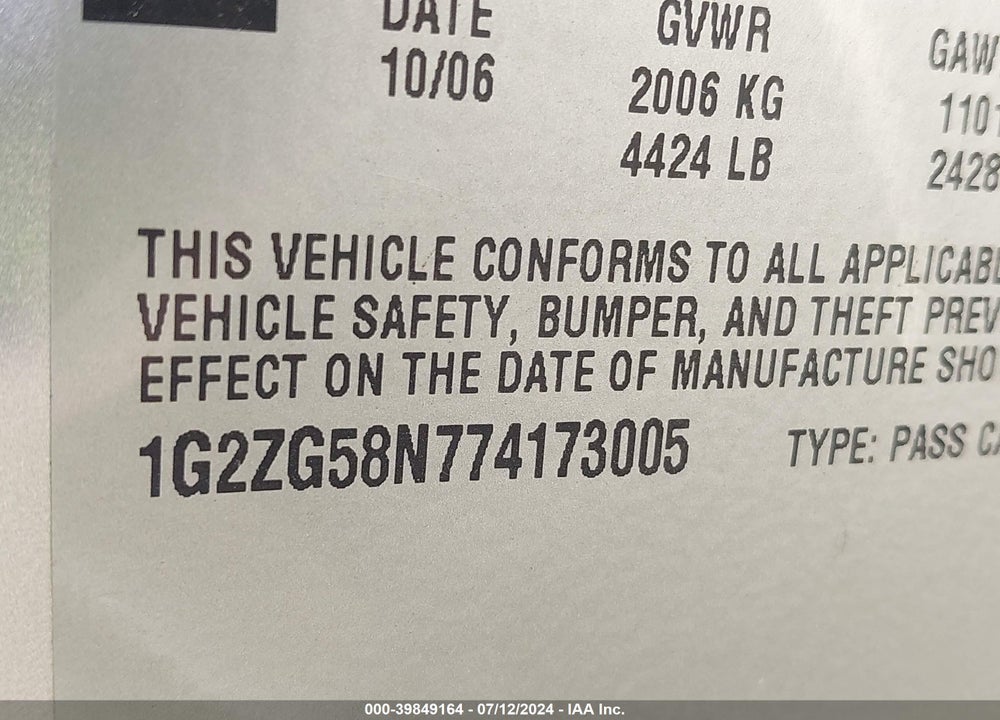 2007 PONTIAC G6 VIN: 1G2ZG58N774173005