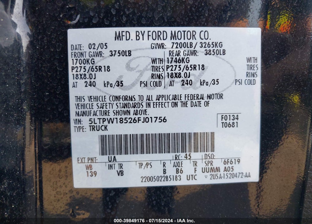 2006 LINCOLN MARK LT VIN: 5LTPW18526FJ01756