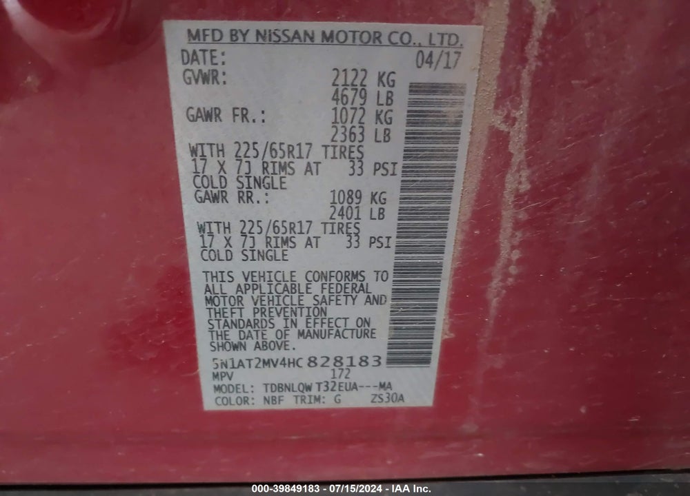 2017 NISSAN ROGUE SV VIN: 5N1AT2MV4HC828183