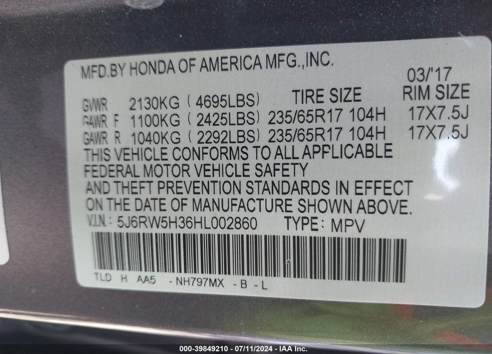 2017 HONDA CR-V LX VIN: 5J6RW5H36HL002860