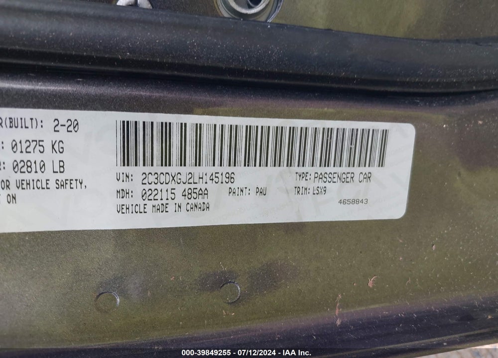 2020 DODGE CHARGER SCAT PACK RWD VIN: 2C3CDXGJ2LH145196