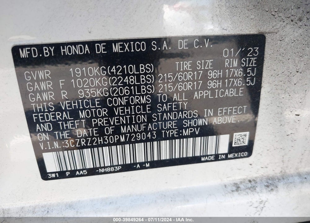 2023 HONDA HR-V AWD LX VIN: 3CZRZ2H30PM729043