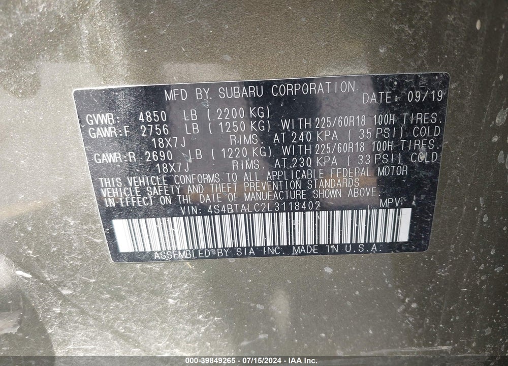 2020 SUBARU OUTBACK LIMITED VIN: 4S4BTALC2L3118402