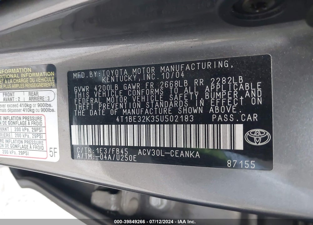 2005 TOYOTA CAMRY LE VIN: 4T1BE32K35U502183