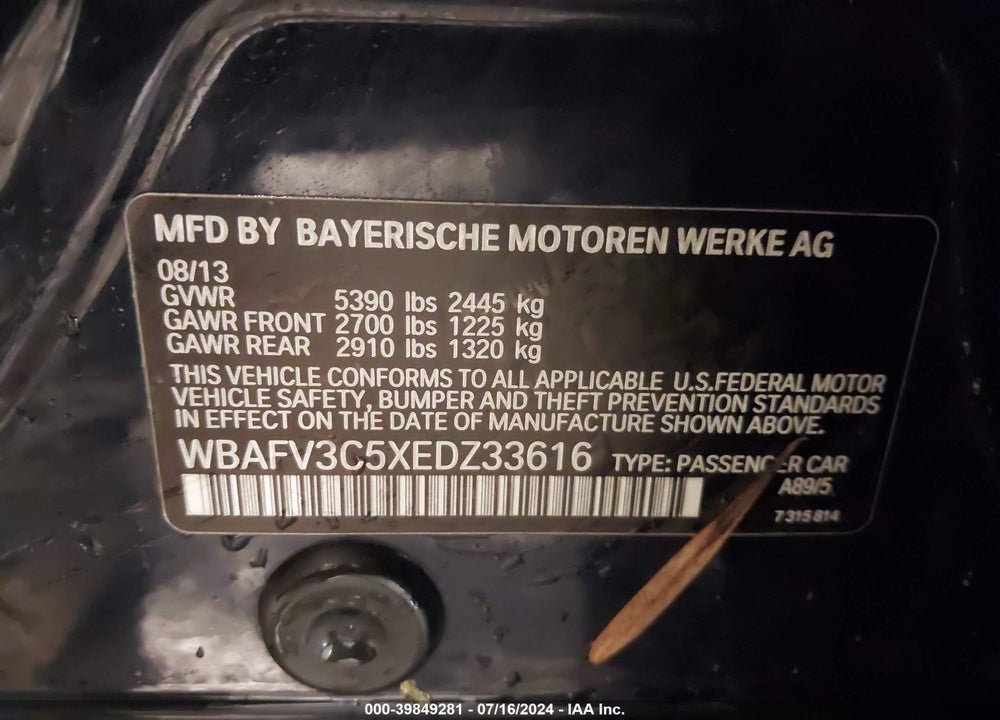 2014 BMW 535D XDRIVE VIN: WBAFV3C5XEDZ33616
