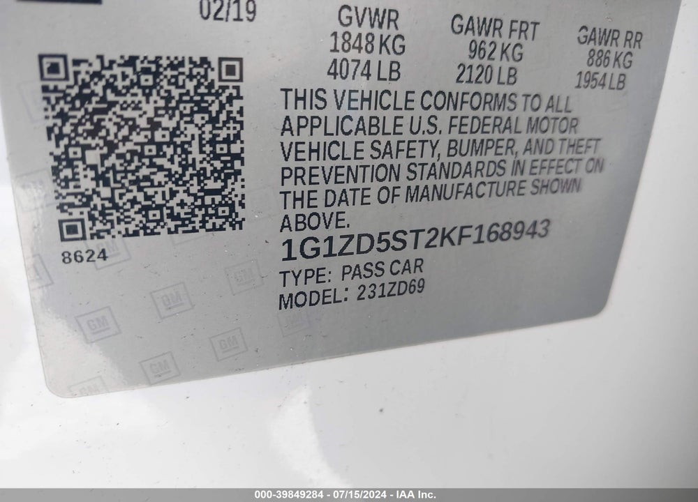 2019 CHEVROLET MALIBU LT VIN: 1G1ZD5ST2KF168943