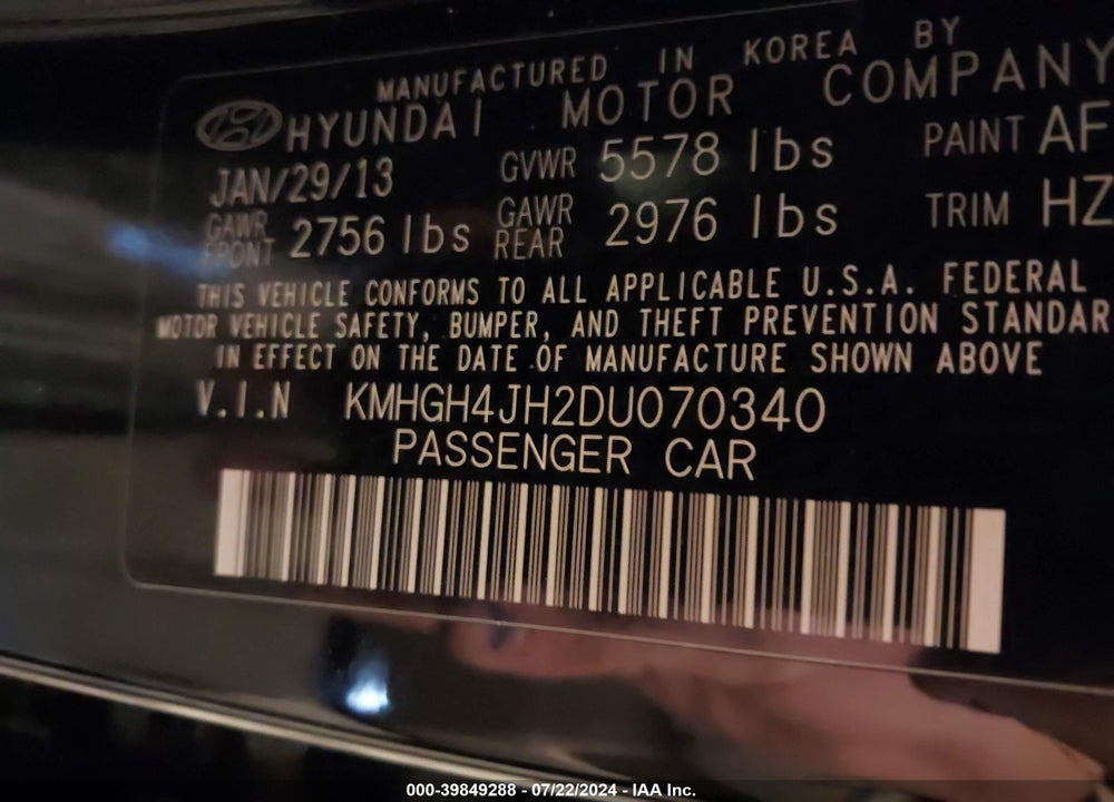 2013 HYUNDAI EQUUS SIGNATURE VIN: KMHGH4JH2DU070340