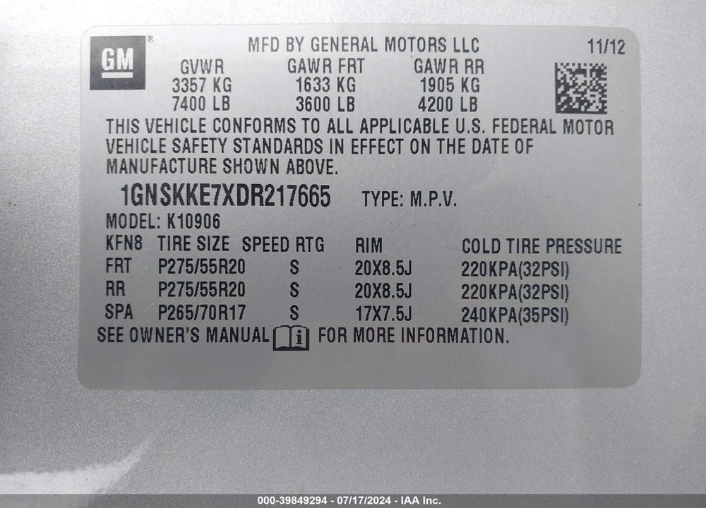 2013 CHEVROLET SUBURBAN 1500 LTZ VIN: 1GNSKKE7XDR217665