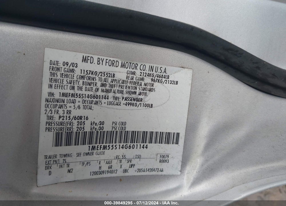 2004 MERCURY SABLE LS PREMIUM VIN: 1MEFM55S14G601144