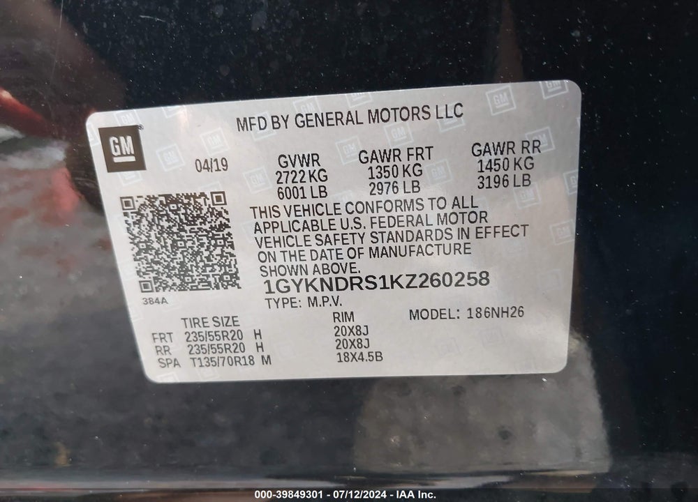 2019 CADILLAC XT5 VIN: 1GYKNDRS1KZ260258