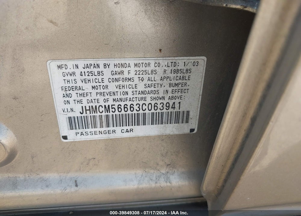2003 HONDA ACCORD 2.4 EX VIN: JHMCM56663C063941