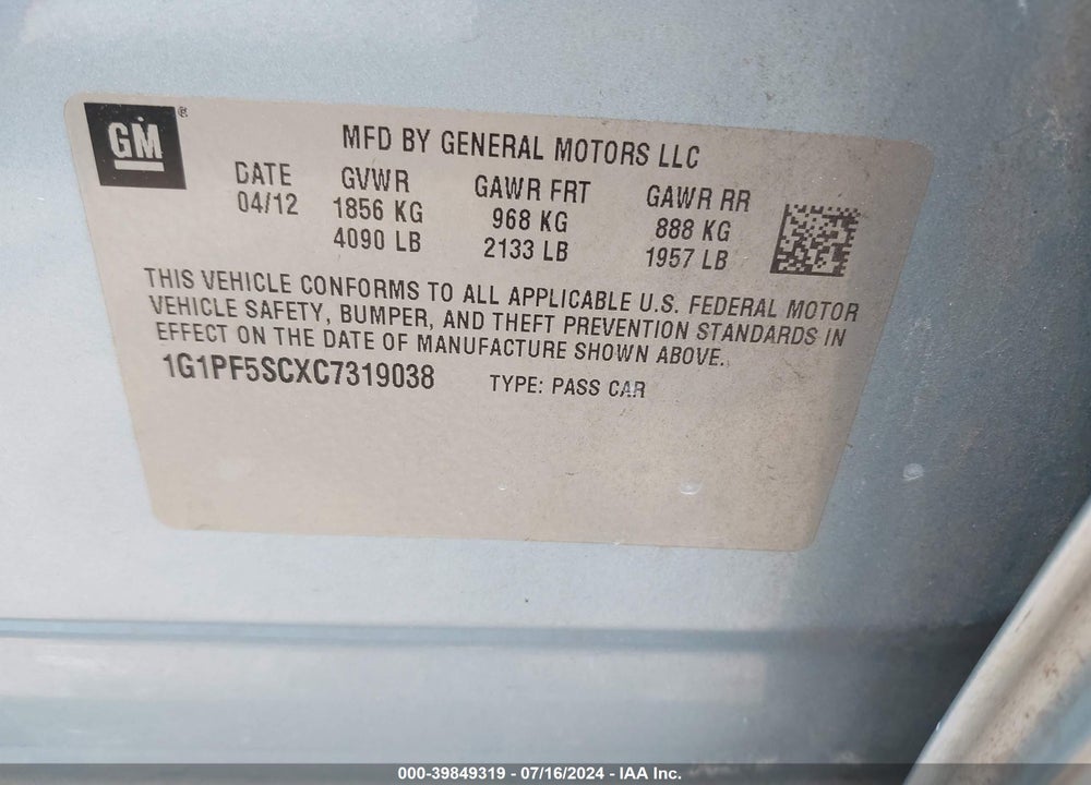 2012 CHEVROLET CRUZE VIN: 1G1PF5SCXC7319038