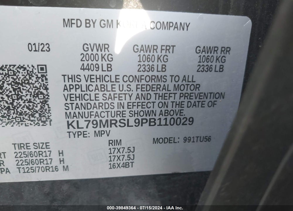 2023 CHEVROLET TRAILBLAZER AWD LT VIN: KL79MRSL9PB110029