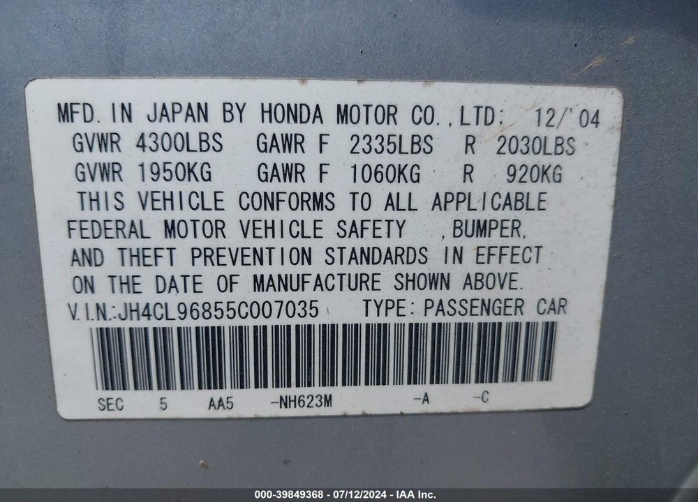 2005 ACURA TSX VIN: JH4CL96855C007035