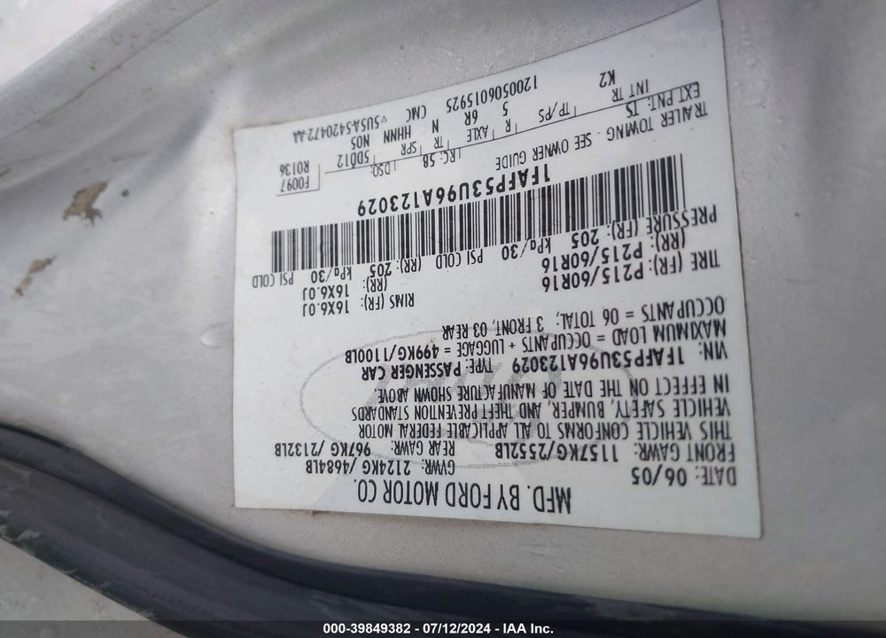 2006 FORD TAURUS SE VIN: 1FAFP53U96A123029