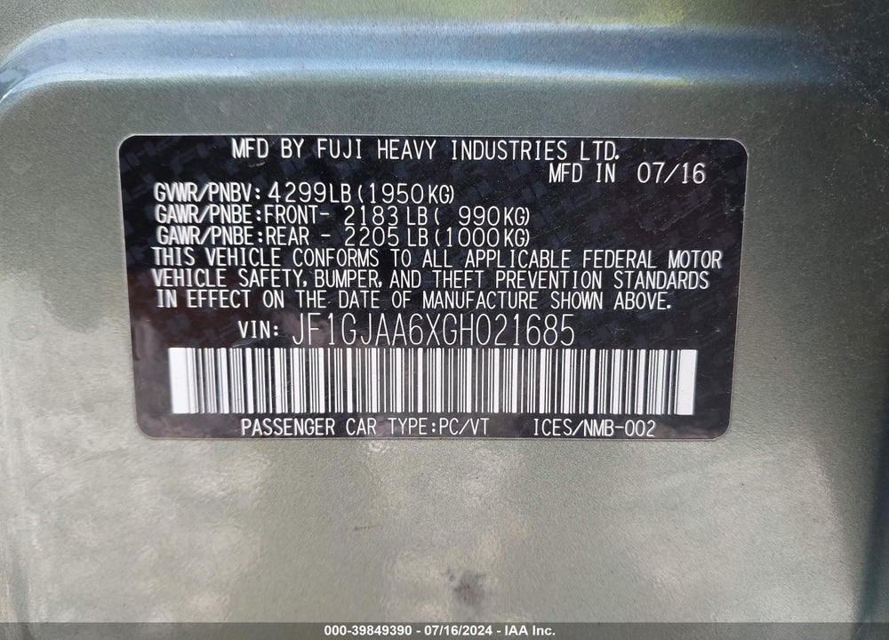 2016 SUBARU IMPREZA 2.0I VIN: JF1GJAA6XGH021685