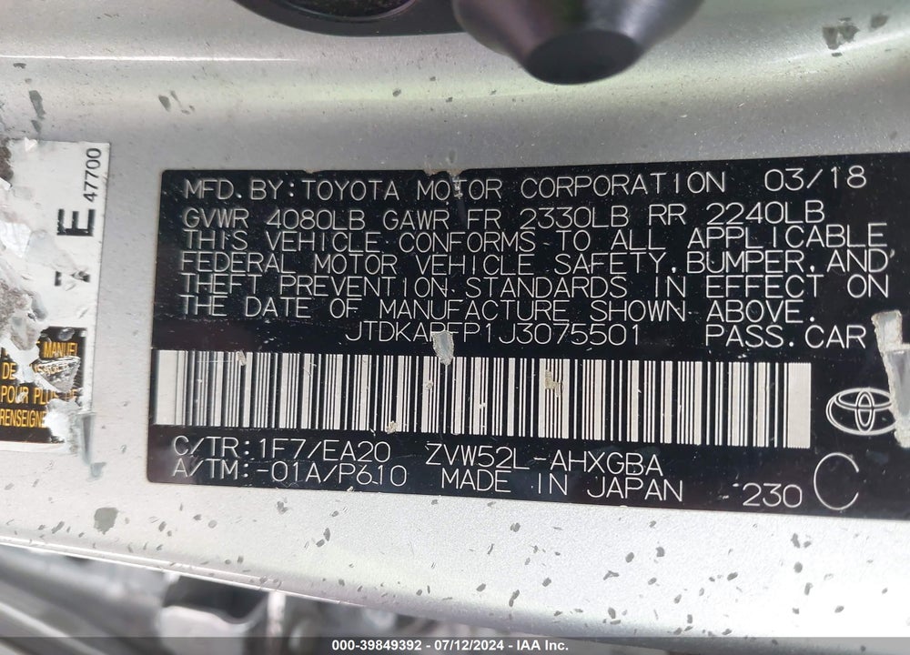 2018 TOYOTA PRIUS PRIME PREMIUM VIN: JTDKARFP1J3075501
