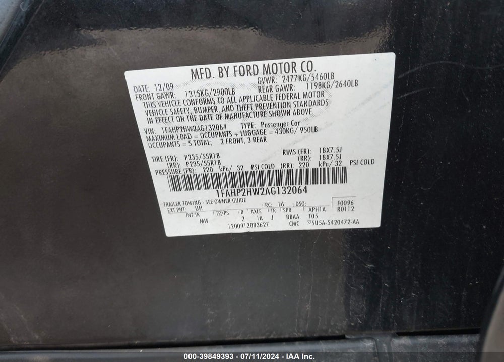 2010 FORD TAURUS SEL VIN: 1FAHP2HW2AG132064