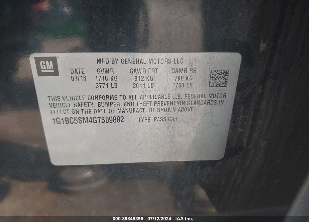 2016 CHEVROLET CRUZE LS AUTO VIN: 1G1BC5SM4G7309882