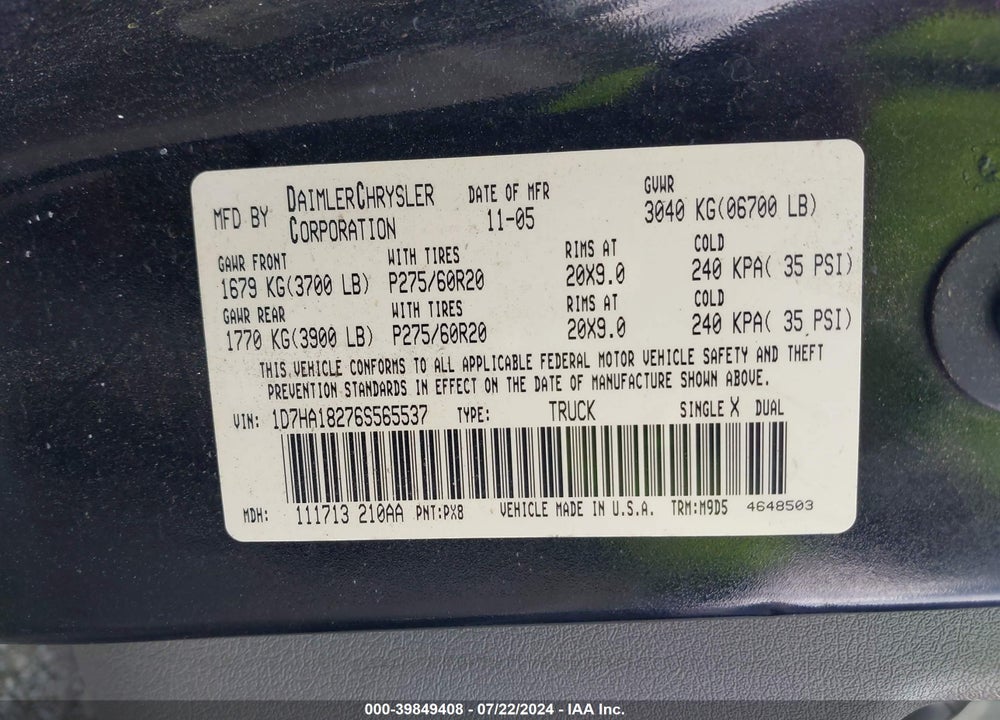 2006 DODGE RAM 1500 SLT VIN: 1D7HA18276S565537